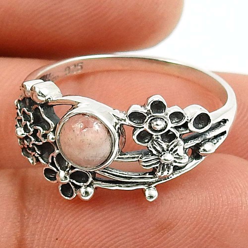 Rhodochrosite Gemstone Flower Ring 925 Sterling Silver Vintage Jewelry Q1