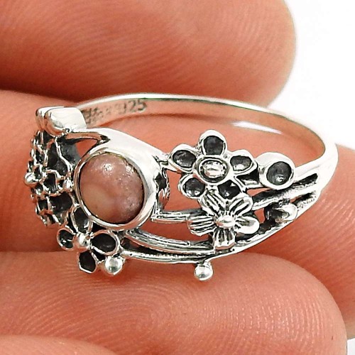 Rhodochrosite Gemstone Flower Ring 925 Sterling Silver Traditional Jewelry R45