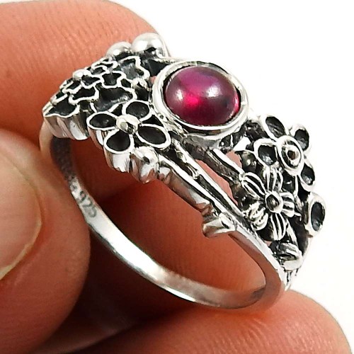 Garnet Gemstone Flower Ring 925 Sterling Silver Ethnic Jewelry C46