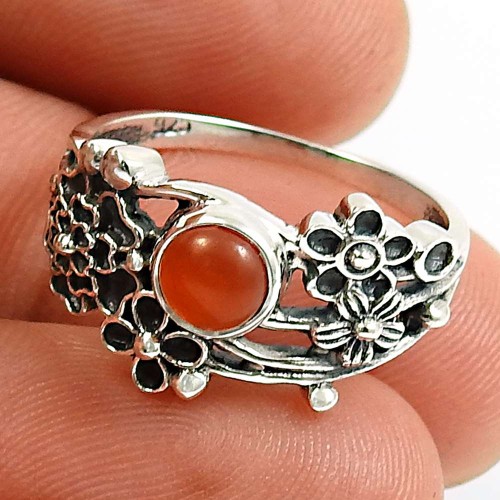 Carnelian Gemstone Flower Ring 925 Sterling Silver Stylish Jewelry E46