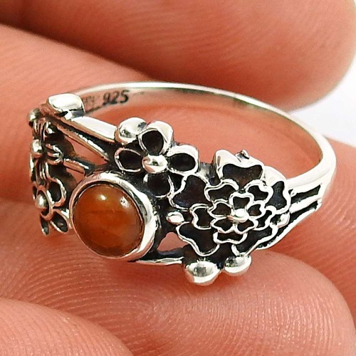Carnelian Gemstone Flower Ring 925 Sterling Silver Handmade Jewelry G46