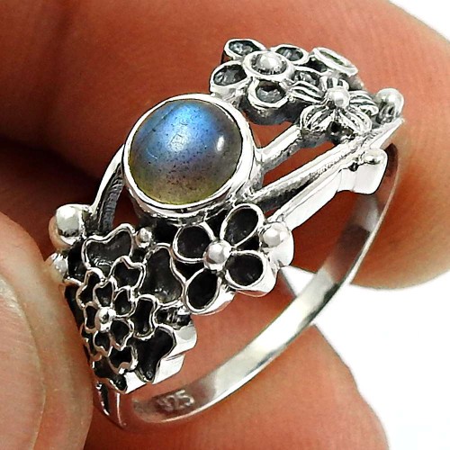 Labradorite Gemstone Flower Ring 925 Sterling Silver Stylish Jewelry A45