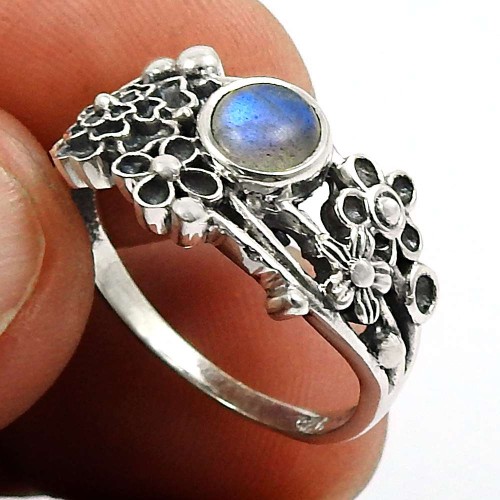 Labradorite Gemstone Flower Ring 925 Sterling Silver Handmade Jewelry C45