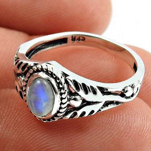 Rainbow Moonstone Gemstone Ring 925 Sterling Silver Stylish Jewelry Y46