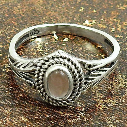 Rose Quartz Gemstone Ring 925 Sterling Silver Vintage Look Jewelry V48