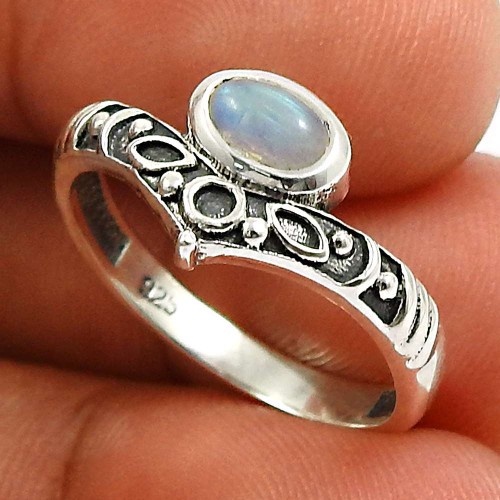 Rainbow Moonstone Gemstone Ring 925 Sterling Silver Ethnic Jewelry C51