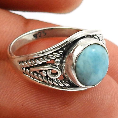 Larimar Gemstone Ring 925 Sterling Silver Indian Handmade Jewelry A54