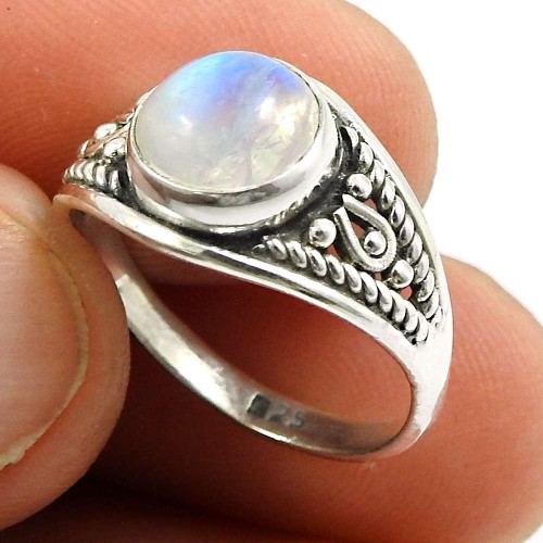 Rainbow Moonstone Gemstone Ring 925 Sterling Silver Vintage Look Jewelry T55