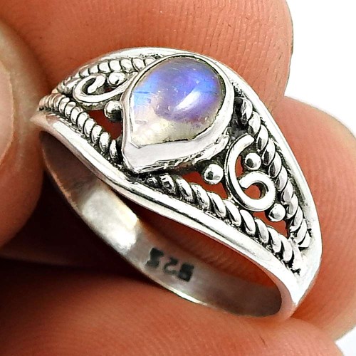 Rainbow Moonstone Gemstone Ring 925 Sterling Silver Handmade Indian Jewelry V59