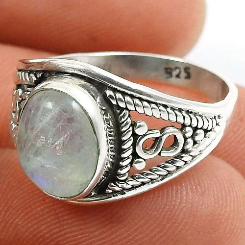 Rainbow Moonstone Gemstone Ring 925 Sterling Silver Handmade Indian Jewelry R63