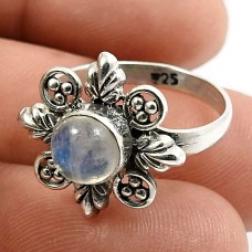 925 Fine Silver Jewelry Round Shape Rainbow Moonstone Gemstone Ring Size 6 C20
