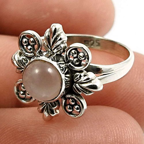 925 Sterling Silver Jewelry Round Shape Rose Quartz Gemstone Ring Size 5 E20