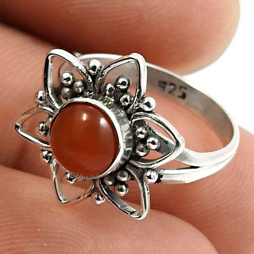 Carnelian Gemstone Flower Ring 925 Sterling Silver Vintage Jewelry K66