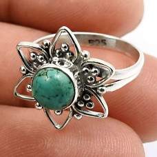 925 Sterling Fine Silver Jewelry Round Shape Turquoise Gemstone Ring Size 5 F20