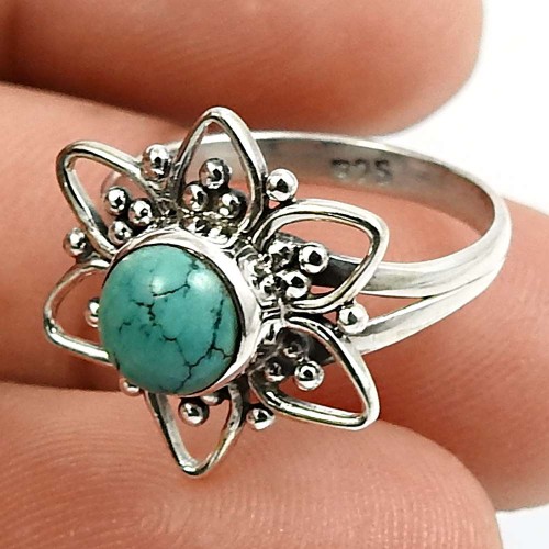 Round Shape Turquoise Gemstone Ring Size 5.5 925 Silver Fine Jewelry G20