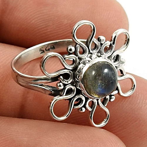925 Sterling Silver Jewelry Round Shape Labradorite Gemstone Ring Size 6 L20