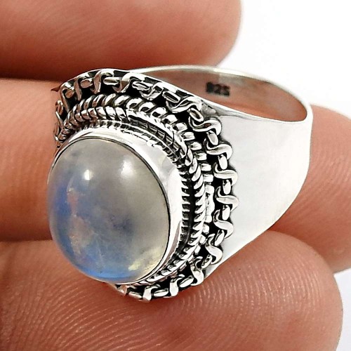 Oval Shape Rainbow Moonstone Gemstone Jewelry 925 Silver Ring Size 8.5 W20