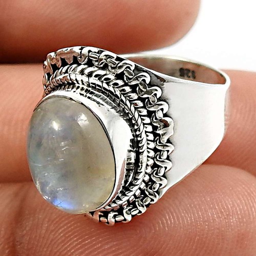 Oval Shape Rainbow Moonstone Gemstone Ring Size 6.5 925 Silver Jewelry X20