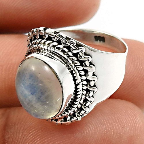 Oval Shape Rainbow Moonstone Gemstone Jewelry 925 Silver Ring Size 6 Y20