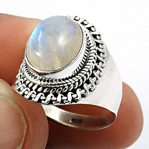 Oval Shape Rainbow Moonstone Gemstone Ring Size 7.5 925 Silver Fine Jewelry Z20