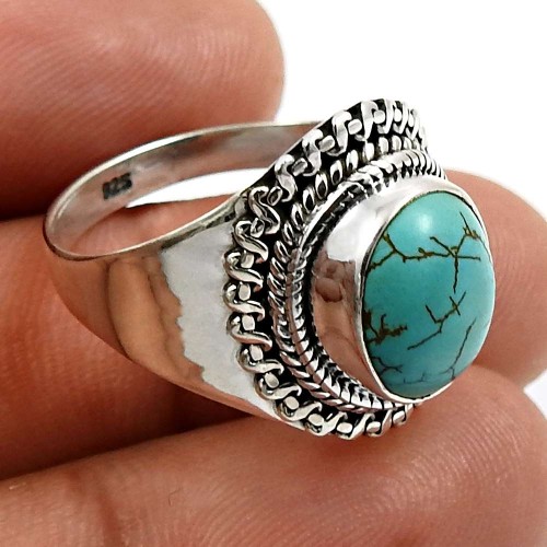 Oval Shape Turquoise Gemstone Ring Size 9 925 Sterling Silver Jewelry A21