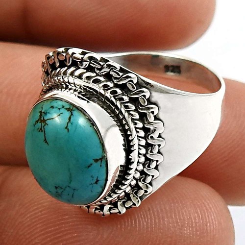 Oval Shape Turquoise Gemstone Ring Size 7 925 Sterling Silver Jewelry B21