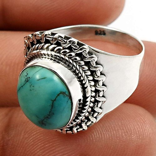 Oval Shape Turquoise Gemstone Jewelry 925 Fine Sterling Silver Ring Size 9 C21