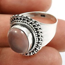 925 Sterling Fine Silver Jewelry Oval Shape Rose Quartz Gemstone Ring Size 8 J21