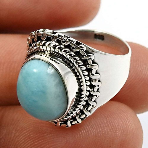 925 Sterling Silver Jewelry Oval Shape Larimar Gemstone Ring Size 6.5 Q4