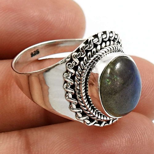 Oval Shape Labradorite Gemstone Jewelry 925 Sterling Silver Ring Size 8.5 S20