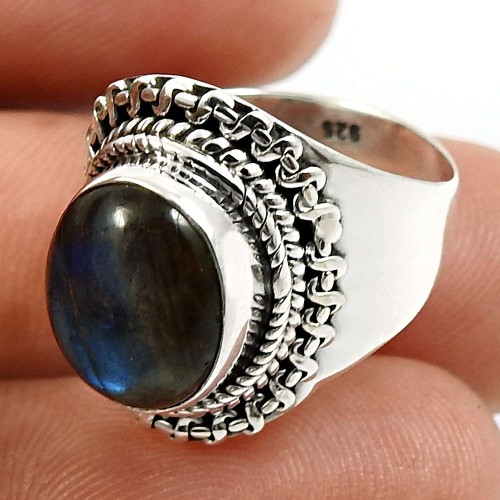 925 Sterling Silver Jewelry Oval Shape Labradorite Gemstone Ring Size 6 V20