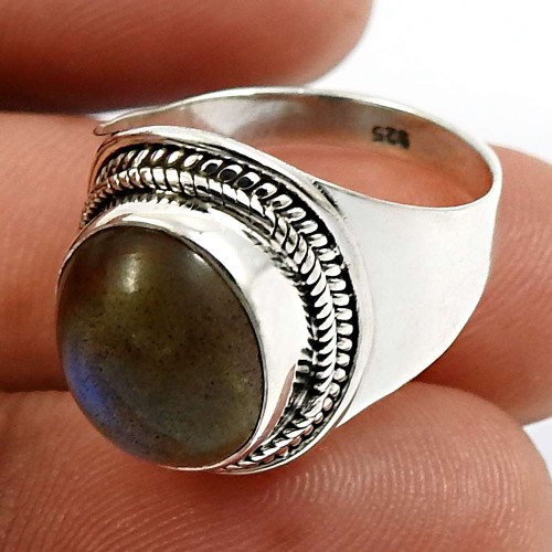 925 Sterling Silver Jewelry Oval Shape Labradorite Gemstone Ring Size 6.5 W21