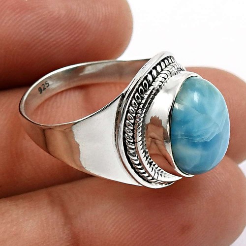925 Sterling Silver Jewelry Oval Shape Larimar Gemstone Ring Size 7.5 O21