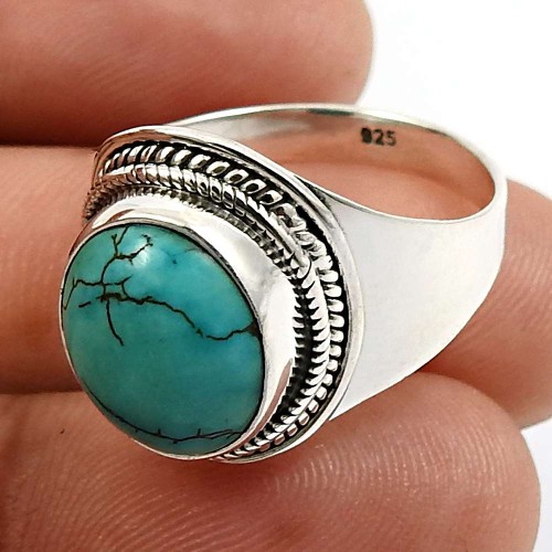 Oval Shape Turquoise Gemstone Ring Size 8.5 925 Sterling Silver Jewelry G22