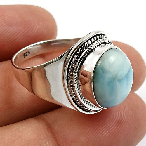 Oval Shape Larimar Gemstone Ring Size 8 925 Solid Sterling Silver Jewelry P21