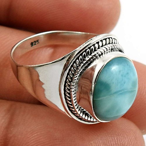 925 Sterling Silver Jewelry Oval Shape Larimar Gemstone Ring Size 7.5 R21