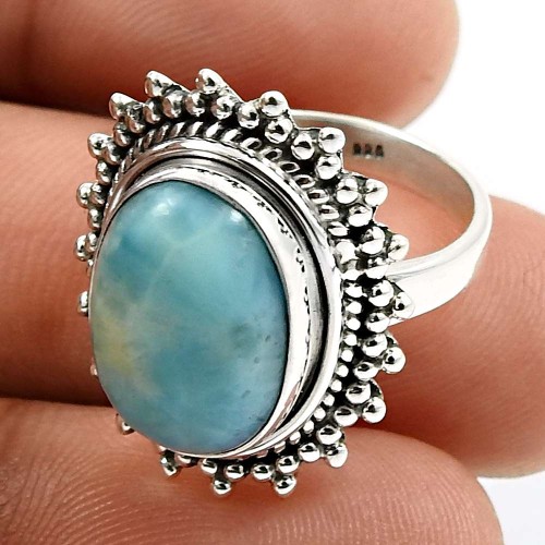 HANDMADE 925 Sterling Silver Jewelry Oval Shape Larimar Gemstone Ring Size 6 Q2
