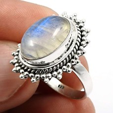 925 Silver Jewelry Oval Shape Rainbow Moonstone Gemstone Ring Size 8 Z22