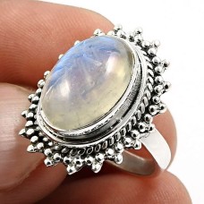 925 Fine Silver Jewelry Oval Shape Rainbow Moonstone Gemstone Ring Size 6 A23