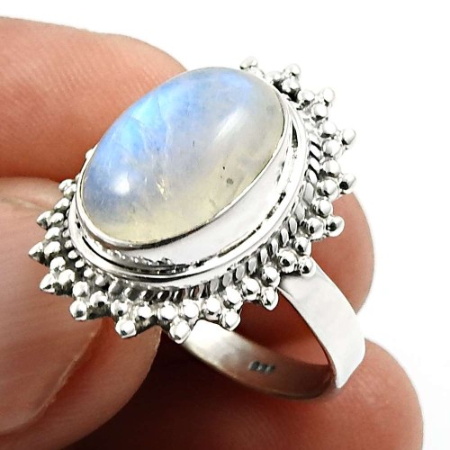 925 Silver Jewelry Oval Shape Rainbow Moonstone Gemstone Ring Size 8 C23