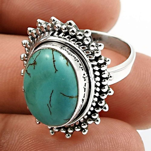 Oval Shape Turquoise Gemstone Jewelry 925 Fine Sterling Silver Ring Size 6 F23