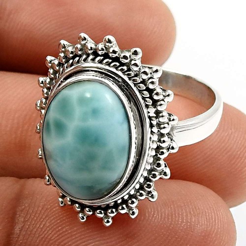 Oval Shape Larimar Gemstone Jewelry 925 Fine Sterling Silver Ring Size 9 R22