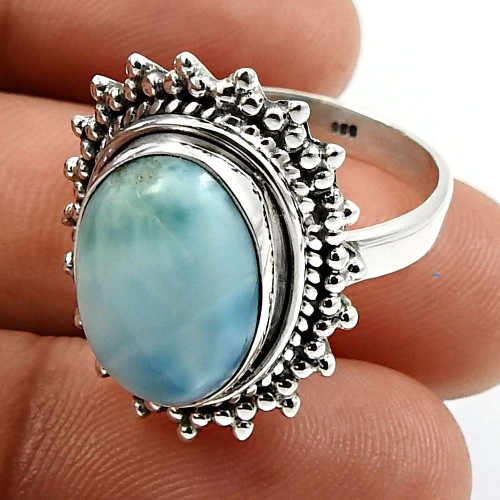 Oval Shape Larimar Gemstone Ring Size 9 925 Sterling Silver HANDMADE Jewelry T22