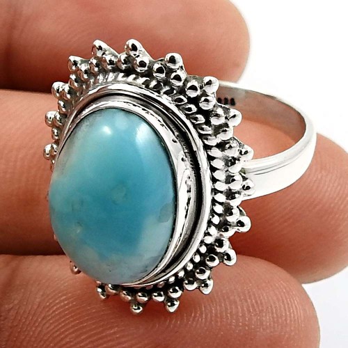 Oval Shape Larimar Gemstone Jewelry 925 Fine Sterling Silver Ring Size 9 V22