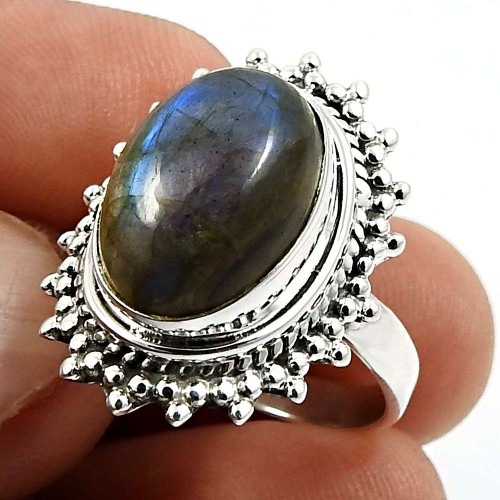 925 Sterling Silver Jewelry Oval Shape Labradorite Gemstone Ring Size 8 X22