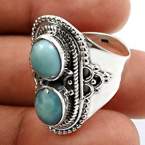 Oval Shape Larimar Gemstone Jewelry 925 Solid Sterling Silver Ring Size 7 T23