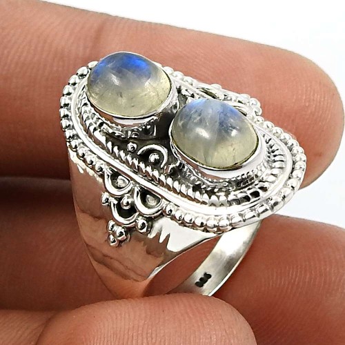 925 Fine Silver Jewelry Oval Shape Rainbow Moonstone Gemstone Ring Size 9 C24