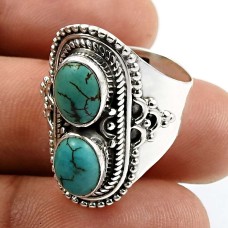 925 Sterling Fine Silver Jewelry Oval Shape Turquoise Gemstone Ring Size 7 H24