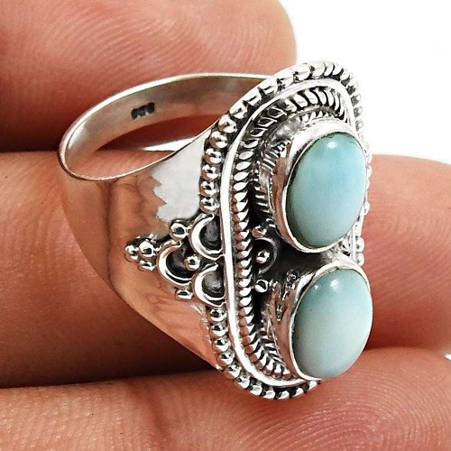 HANDMADE 925 Sterling Silver Jewelry Oval Shape Larimar Gemstone Ring Size 8 V23