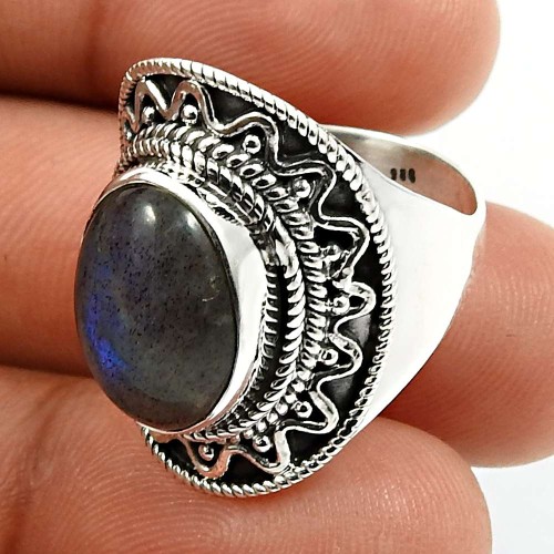 925 Sterling Silver Jewelry Oval Shape Labradorite Gemstone Ring Size 7 F25